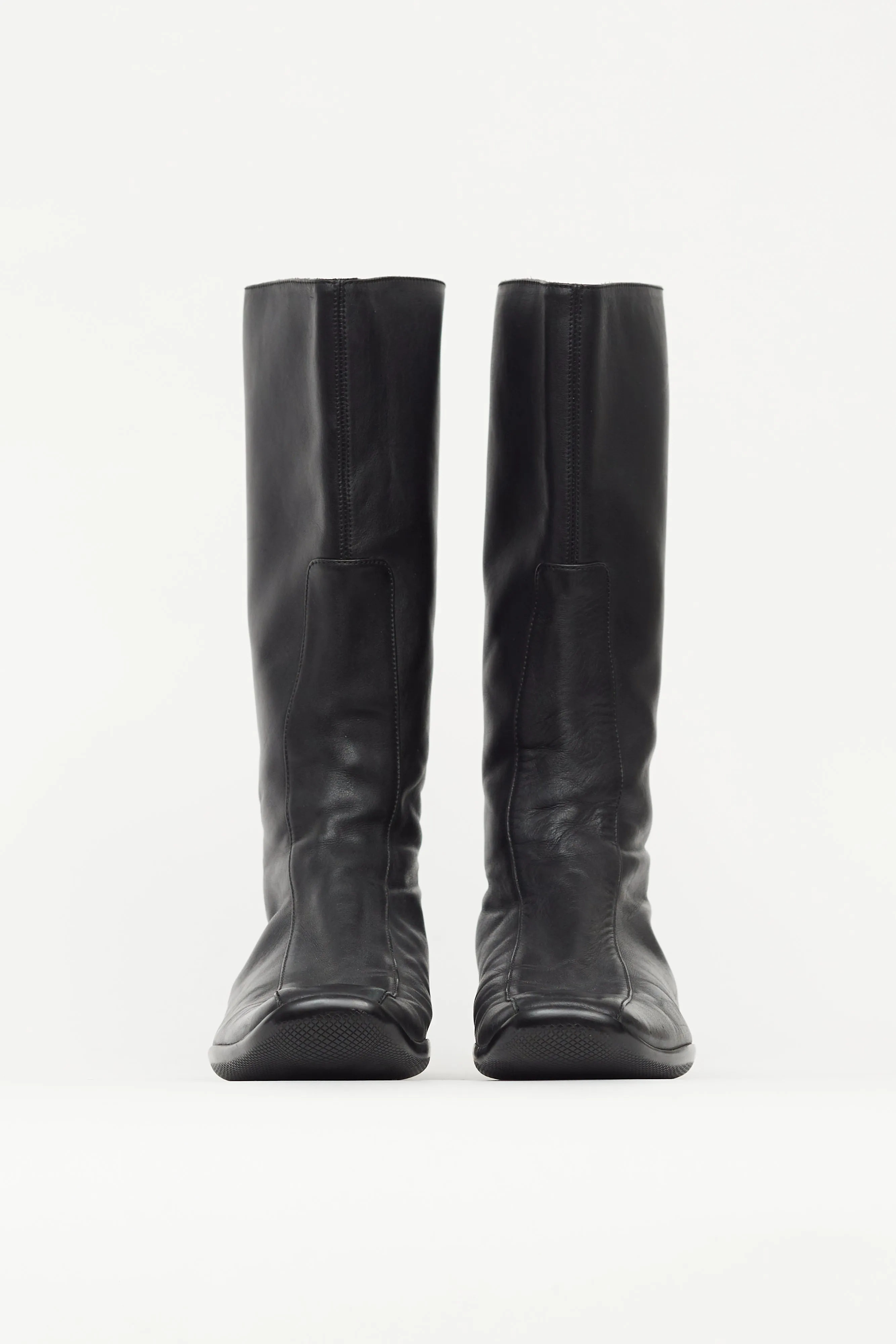Black Leather Square Toe Calf High Boot