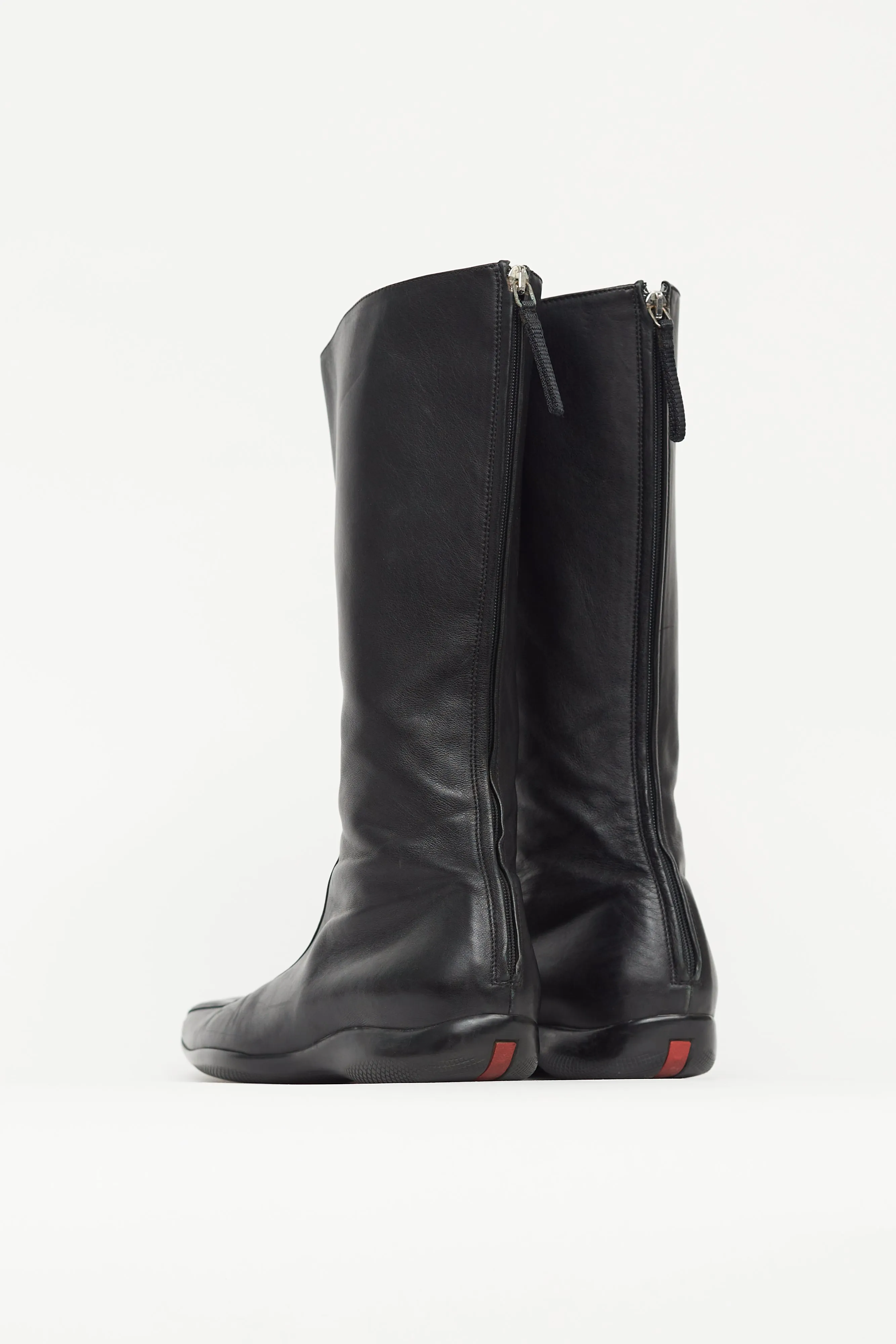 Black Leather Square Toe Calf High Boot