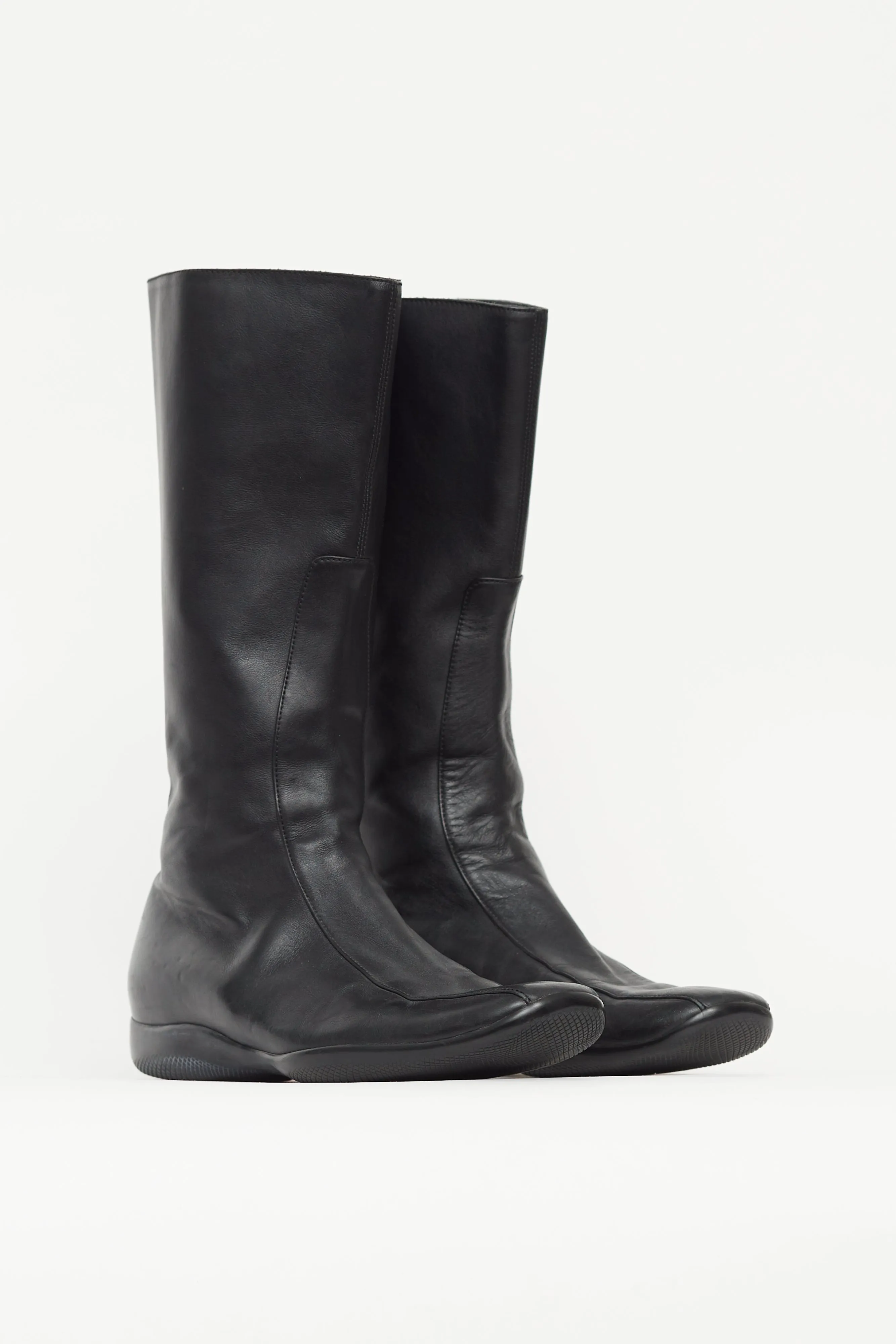 Black Leather Square Toe Calf High Boot