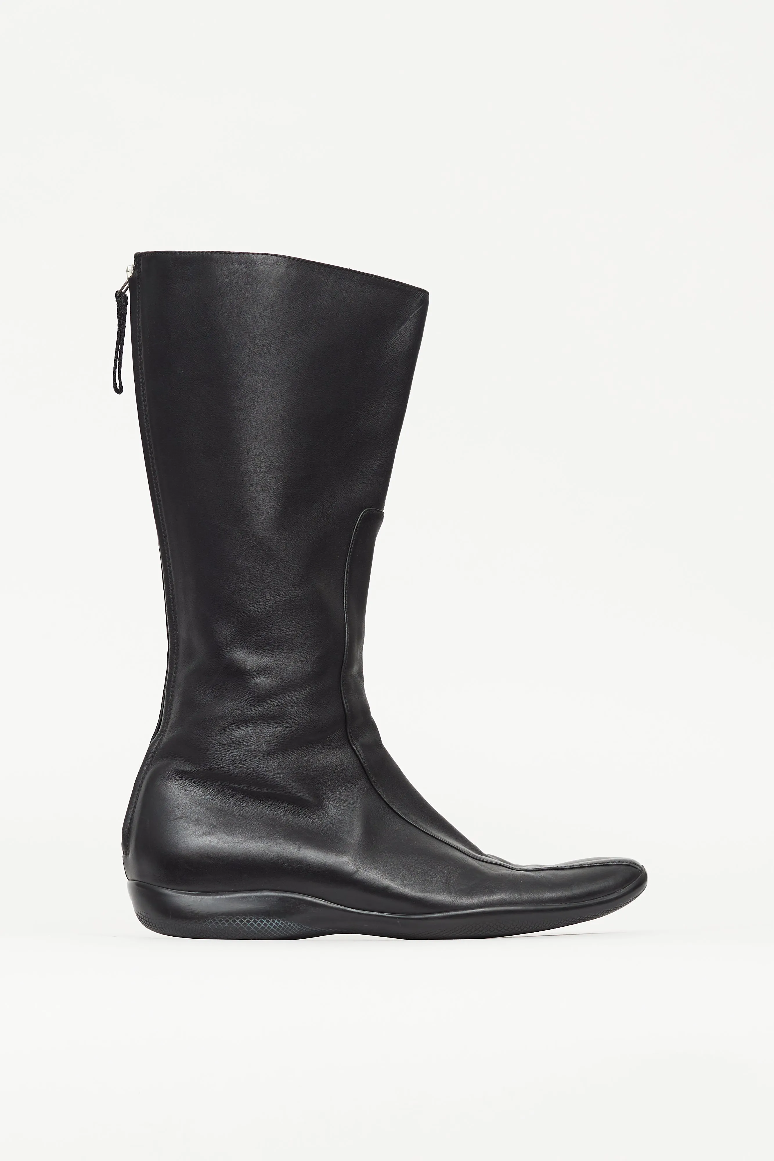 Black Leather Square Toe Calf High Boot