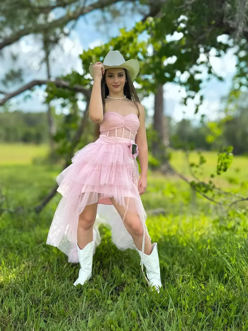 Blush Pink High-Low Prom Dress – Tulle Skirt with Handmade Floral Brooch - Vivienne