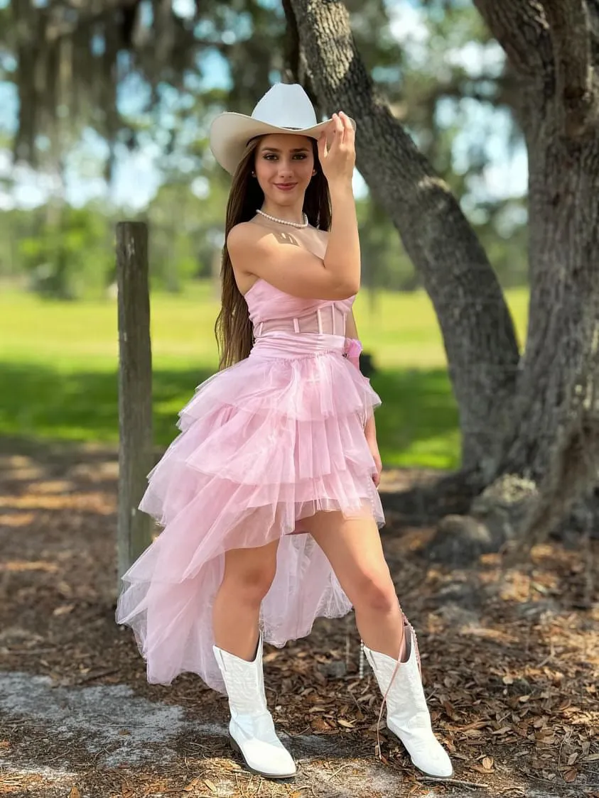 Blush Pink High-Low Prom Dress – Tulle Skirt with Handmade Floral Brooch - Vivienne