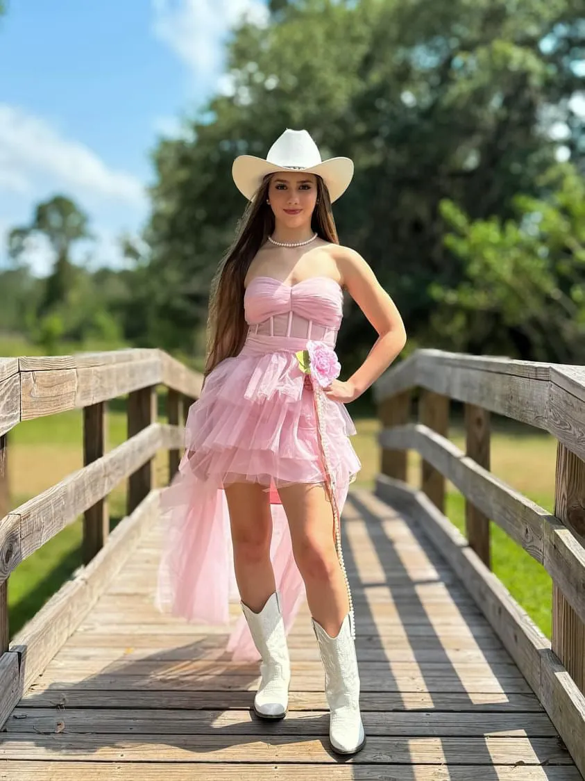 Blush Pink High-Low Prom Dress – Tulle Skirt with Handmade Floral Brooch - Vivienne