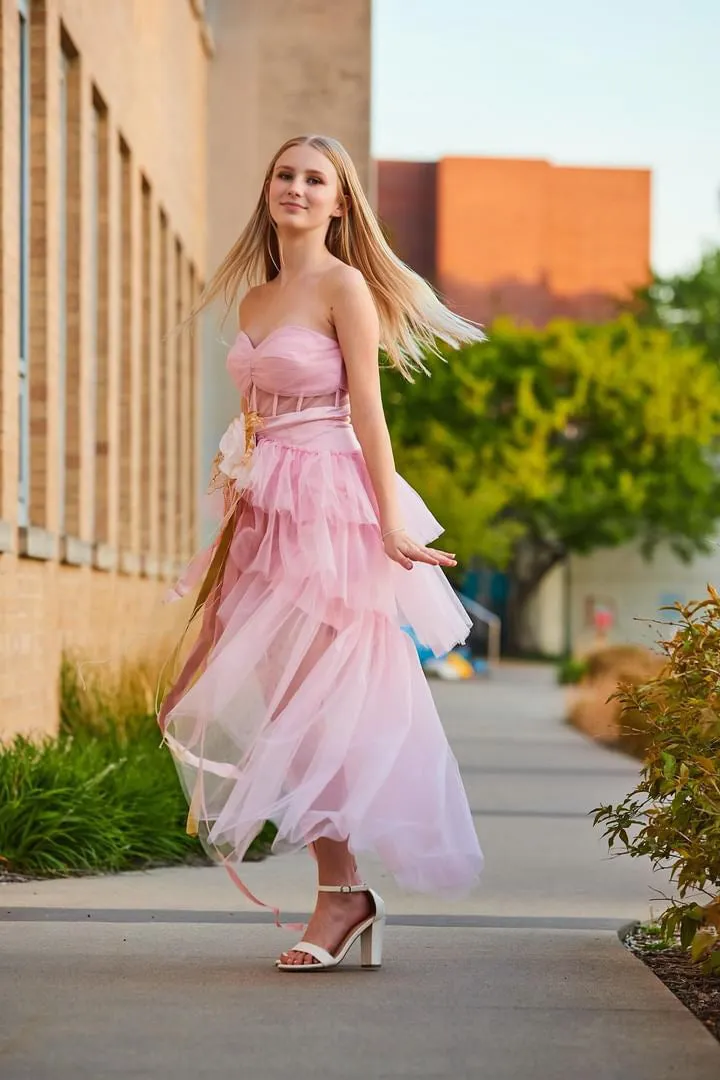 Blush Pink High-Low Prom Dress – Tulle Skirt with Handmade Floral Brooch - Vivienne