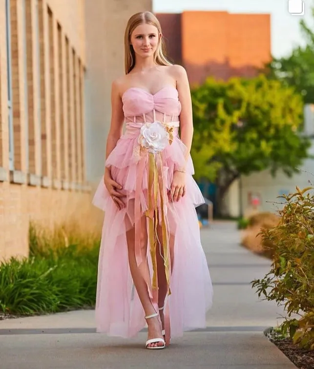 Blush Pink High-Low Prom Dress – Tulle Skirt with Handmade Floral Brooch - Vivienne