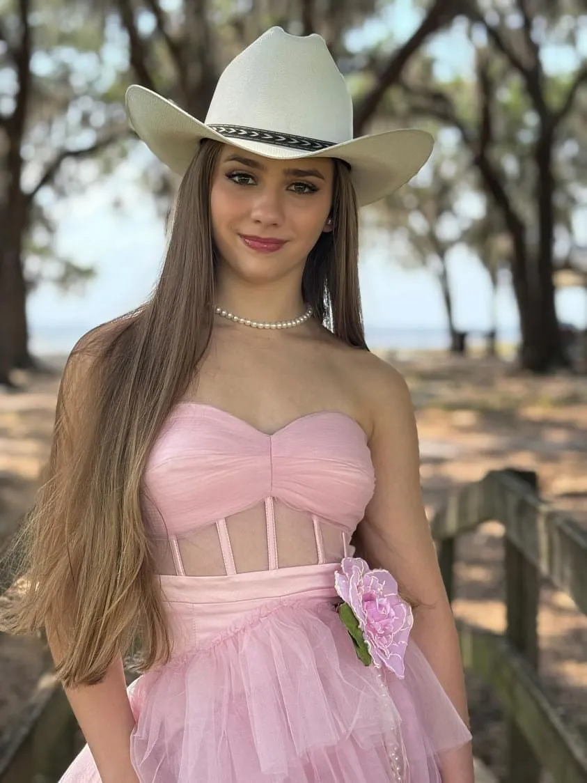 Blush Pink High-Low Prom Dress – Tulle Skirt with Handmade Floral Brooch - Vivienne