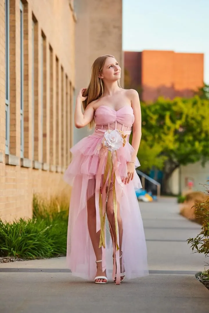 Blush Pink High-Low Prom Dress – Tulle Skirt with Handmade Floral Brooch - Vivienne