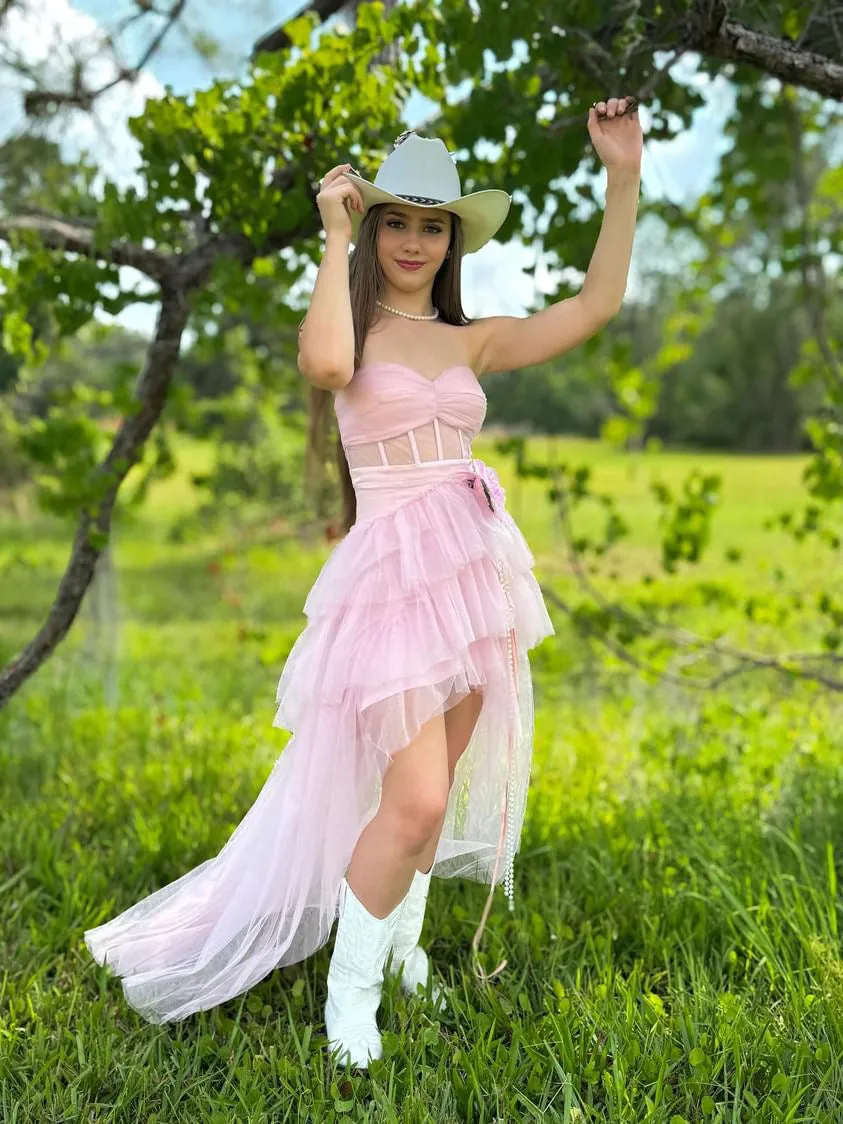 Blush Pink High-Low Prom Dress – Tulle Skirt with Handmade Floral Brooch - Vivienne