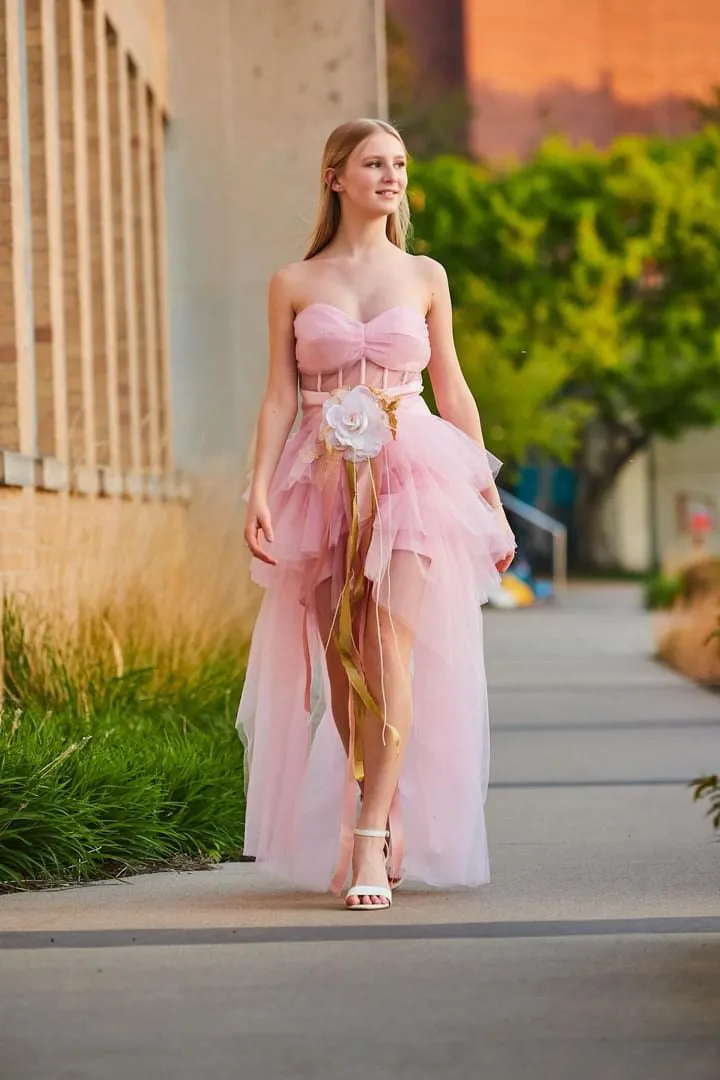 Blush Pink High-Low Prom Dress – Tulle Skirt with Handmade Floral Brooch - Vivienne