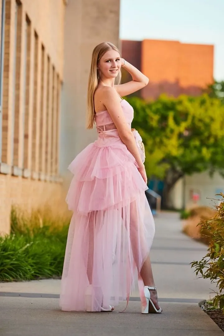 Blush Pink High-Low Prom Dress – Tulle Skirt with Handmade Floral Brooch - Vivienne
