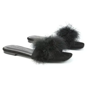 BROOKLYN FLAT FAUX FUR FLUFFY STRAPPY SLIP ON SQUARE TOE SANDAL SLIDERS IN BLACK