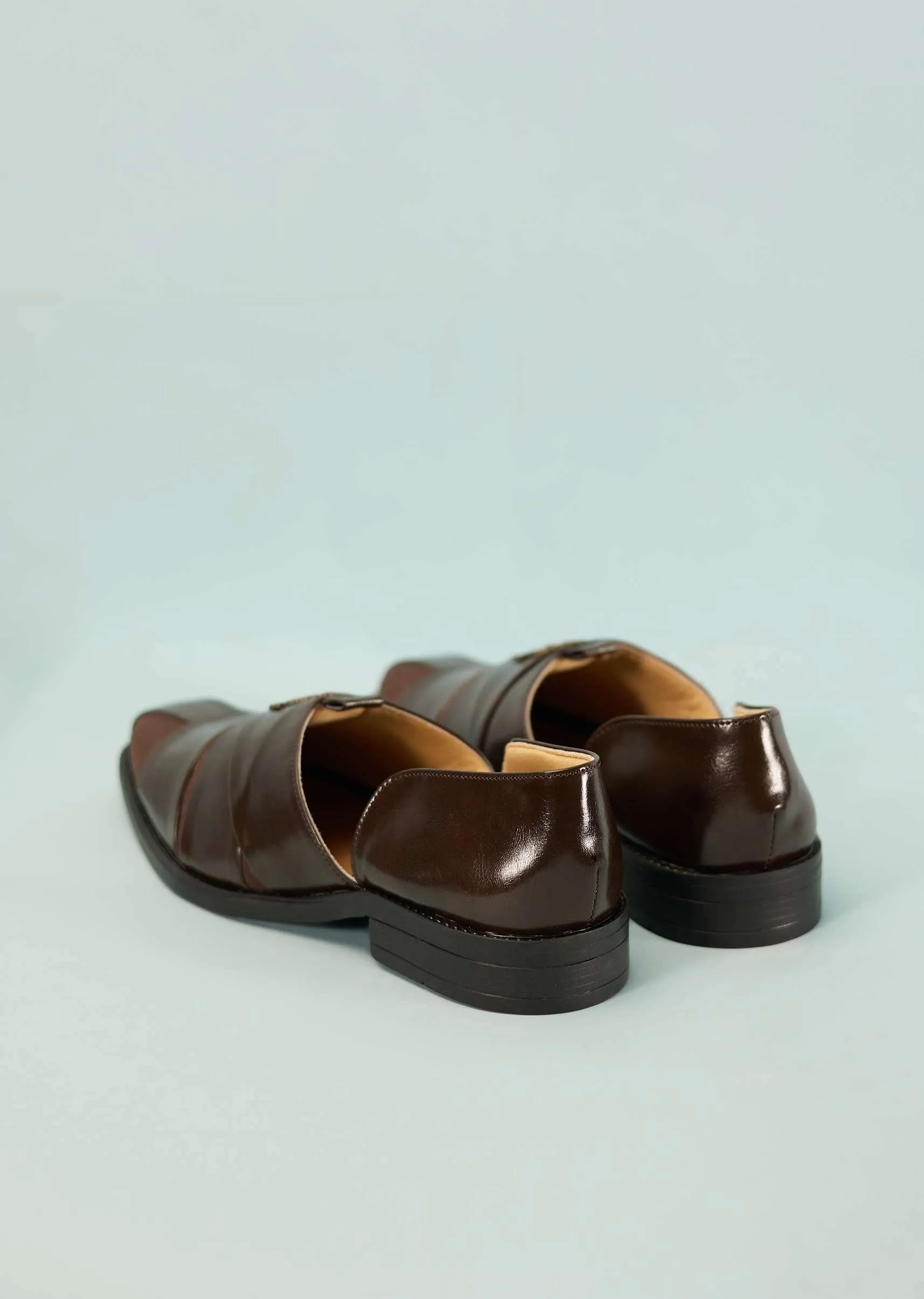 Coffee Brown Strappy Leather Footwear For Men With Brooch