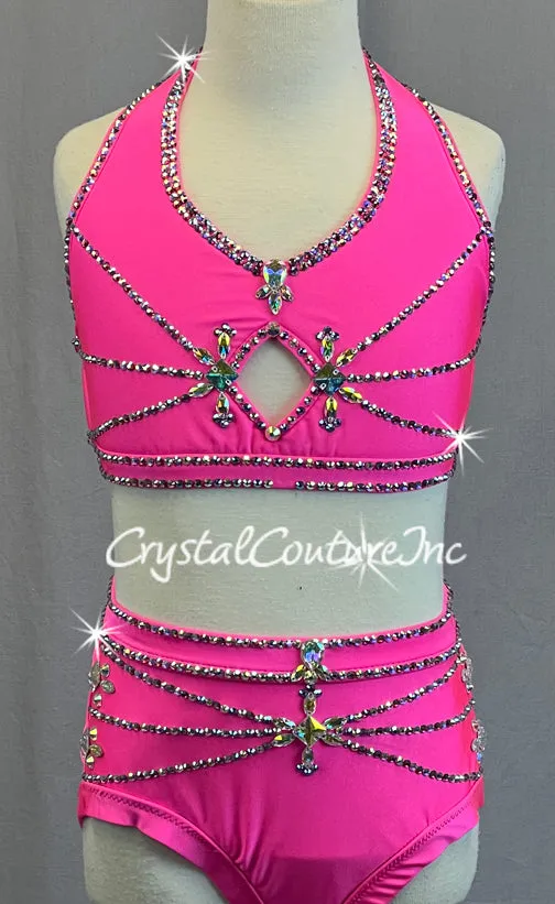 Custom Bright Pink Halter Two Piece with Strappy Back - Rhinestones