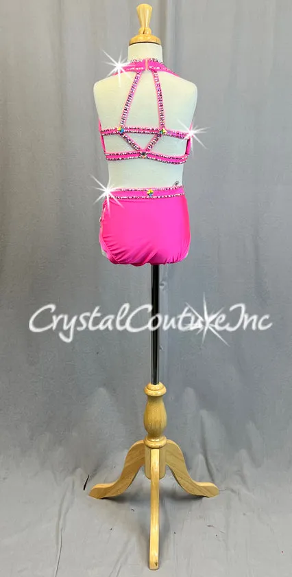 Custom Bright Pink Halter Two Piece with Strappy Back - Rhinestones