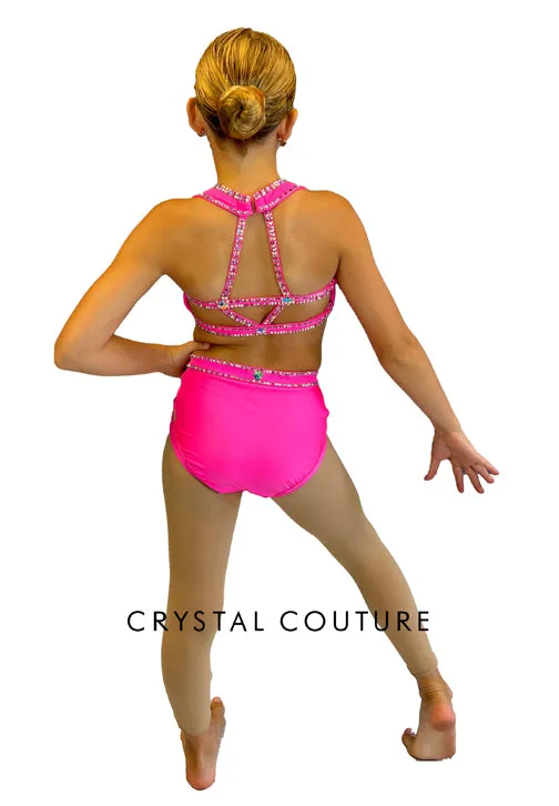 Custom Bright Pink Halter Two Piece with Strappy Back - Rhinestones