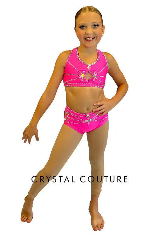 Custom Bright Pink Halter Two Piece with Strappy Back - Rhinestones