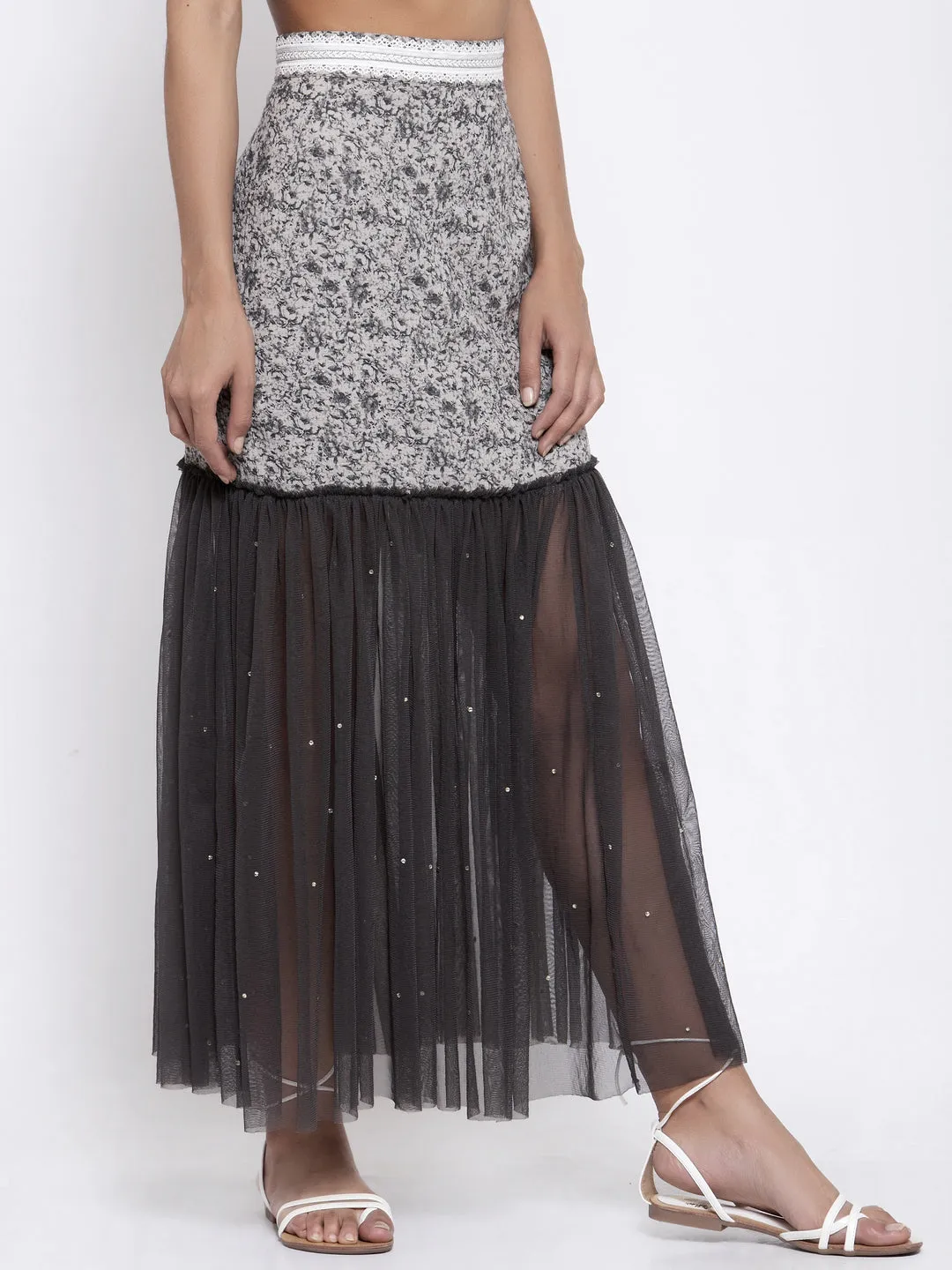 Dark Grey Printed And Net Skirt