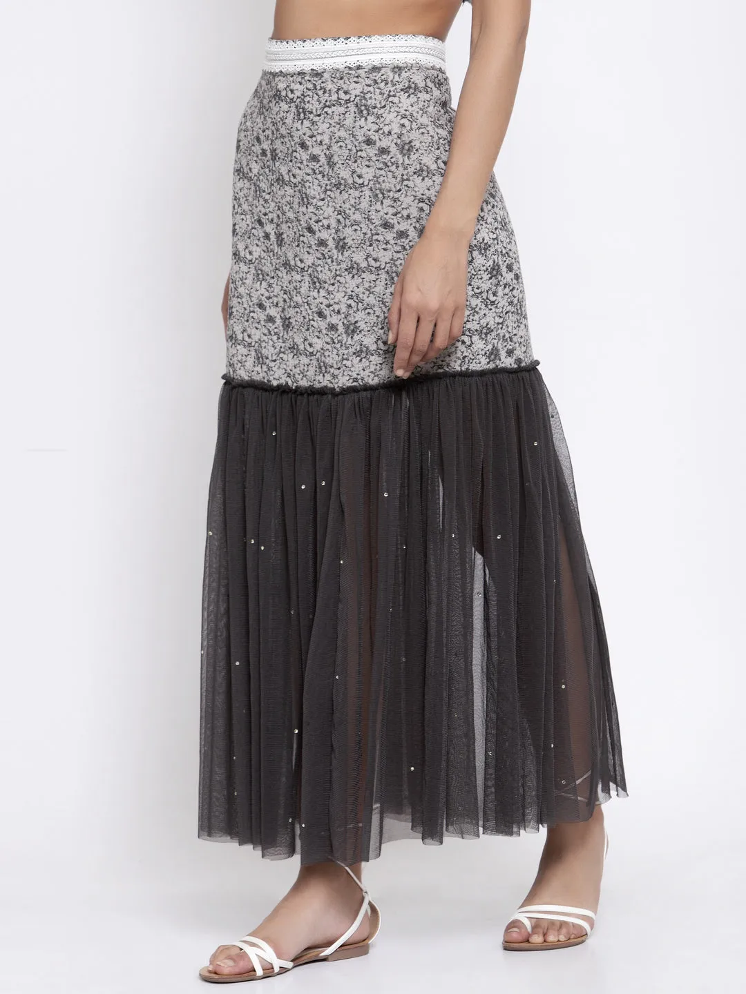 Dark Grey Printed And Net Skirt
