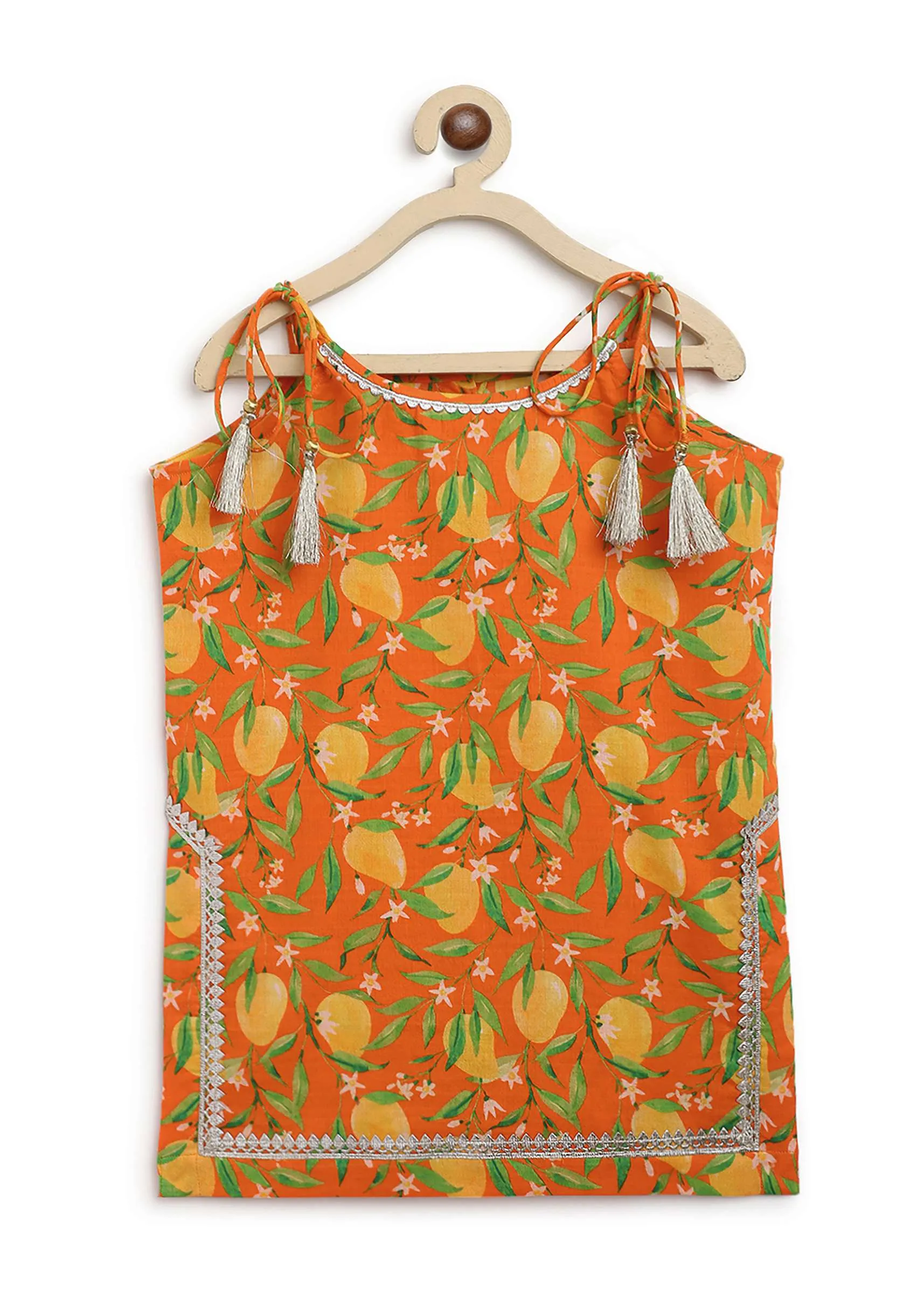Kalki Girls Orange Sharara Suit In Cotton With A Straight Cut Mango Print Strappy Kurti By Tiber Taber