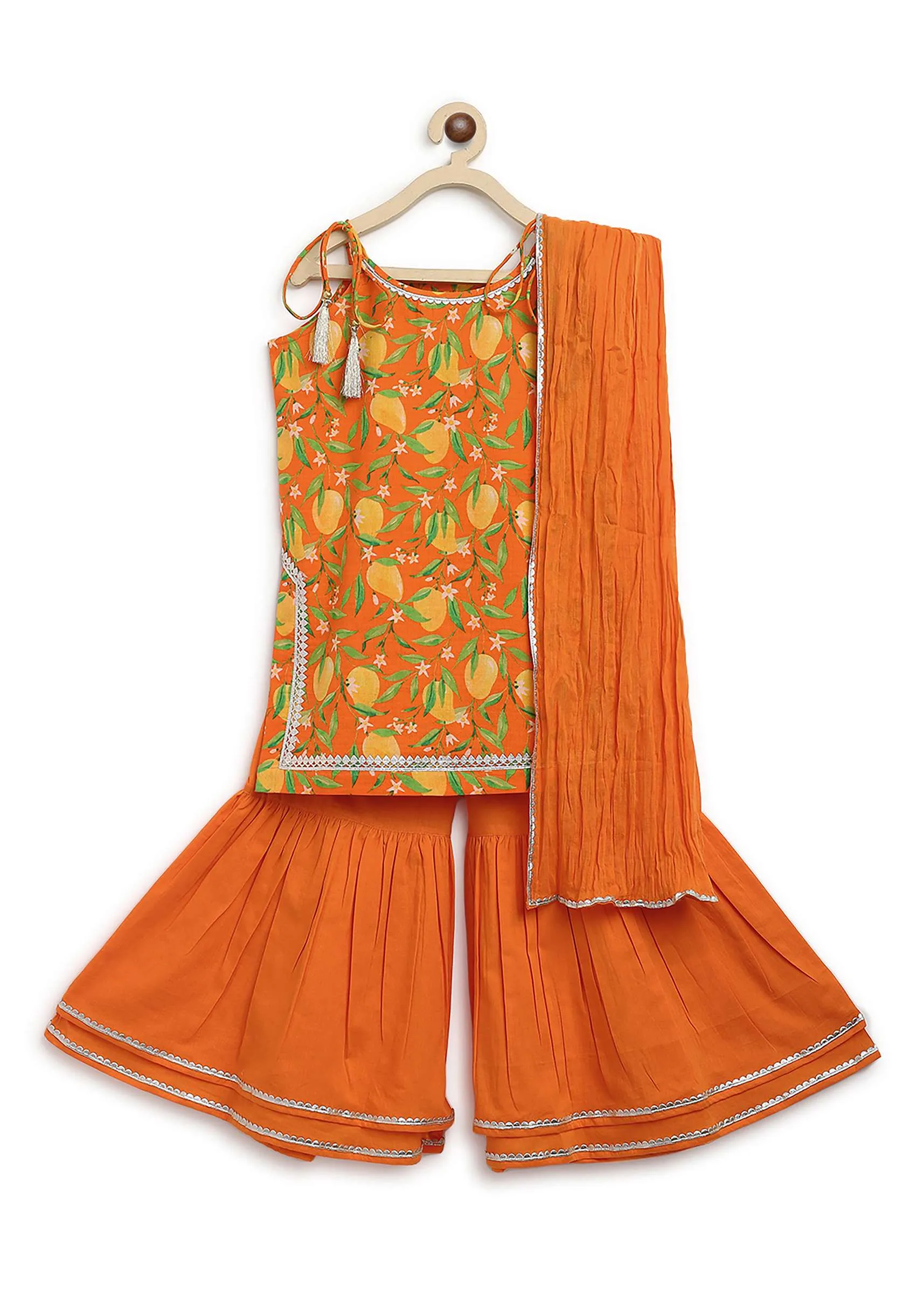 Kalki Girls Orange Sharara Suit In Cotton With A Straight Cut Mango Print Strappy Kurti By Tiber Taber
