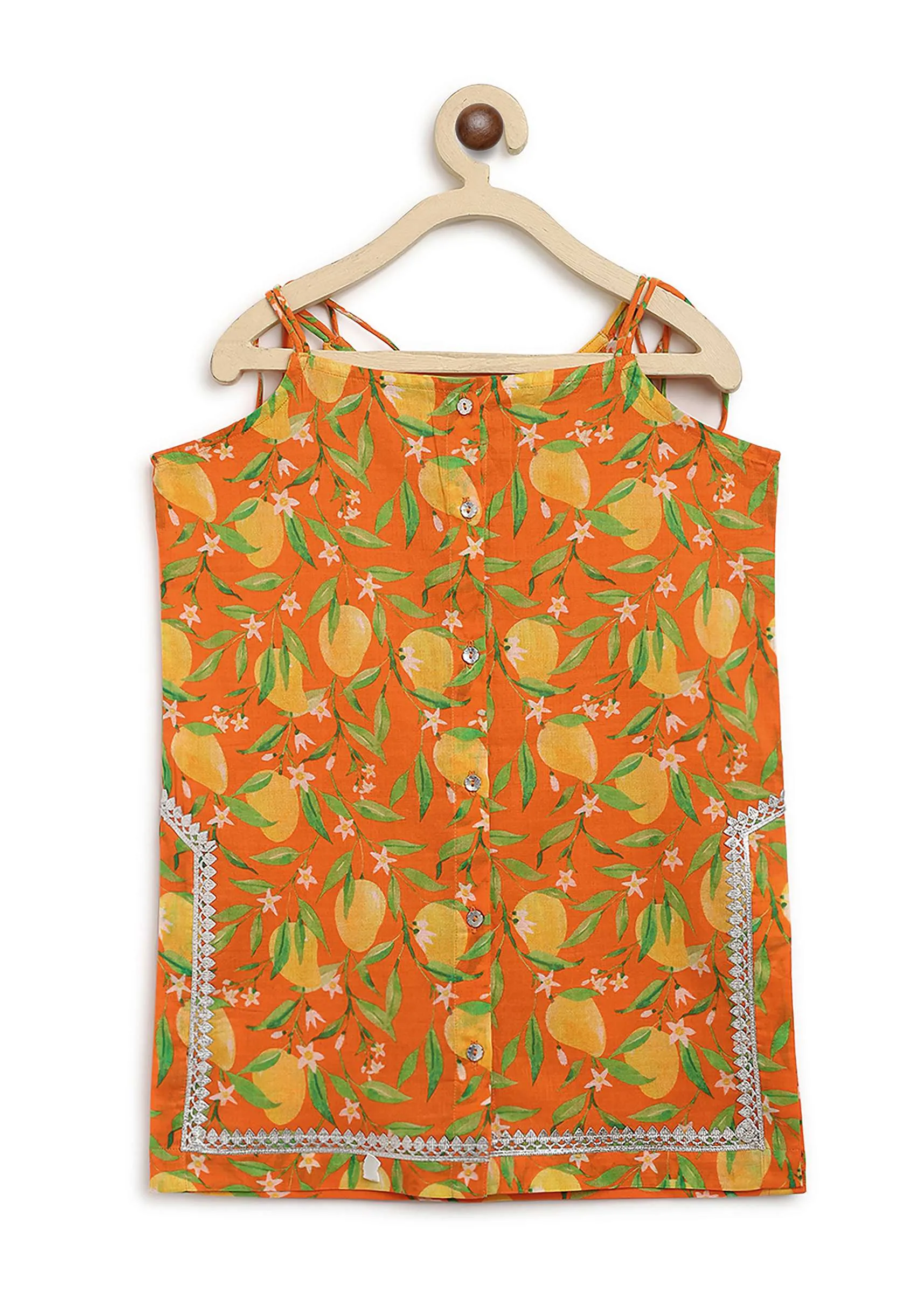 Kalki Girls Orange Sharara Suit In Cotton With A Straight Cut Mango Print Strappy Kurti By Tiber Taber