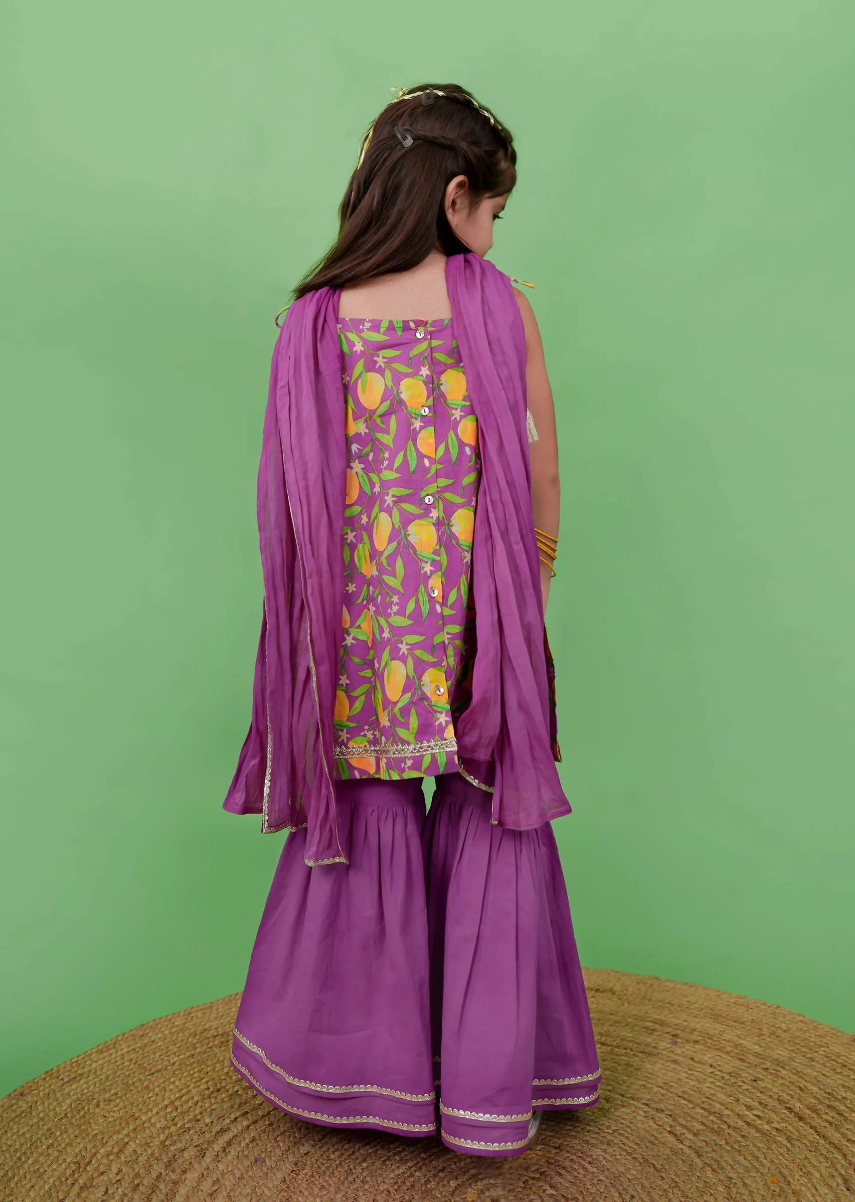 Kalki Girls Purple Sharara Suit In Cotton With A Straight Cut Mango Print Strappy Kurti By Tiber Taber