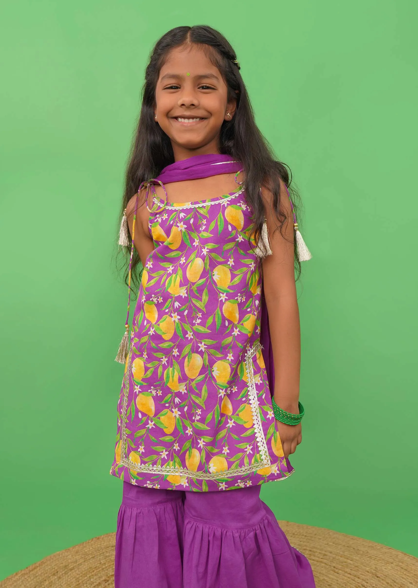 Kalki Girls Purple Sharara Suit In Cotton With A Straight Cut Mango Print Strappy Kurti By Tiber Taber