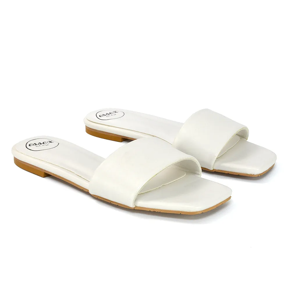 Kenna Flat Mule Strappy Square Toe Sandal Sliders in Black Synthetic Leather