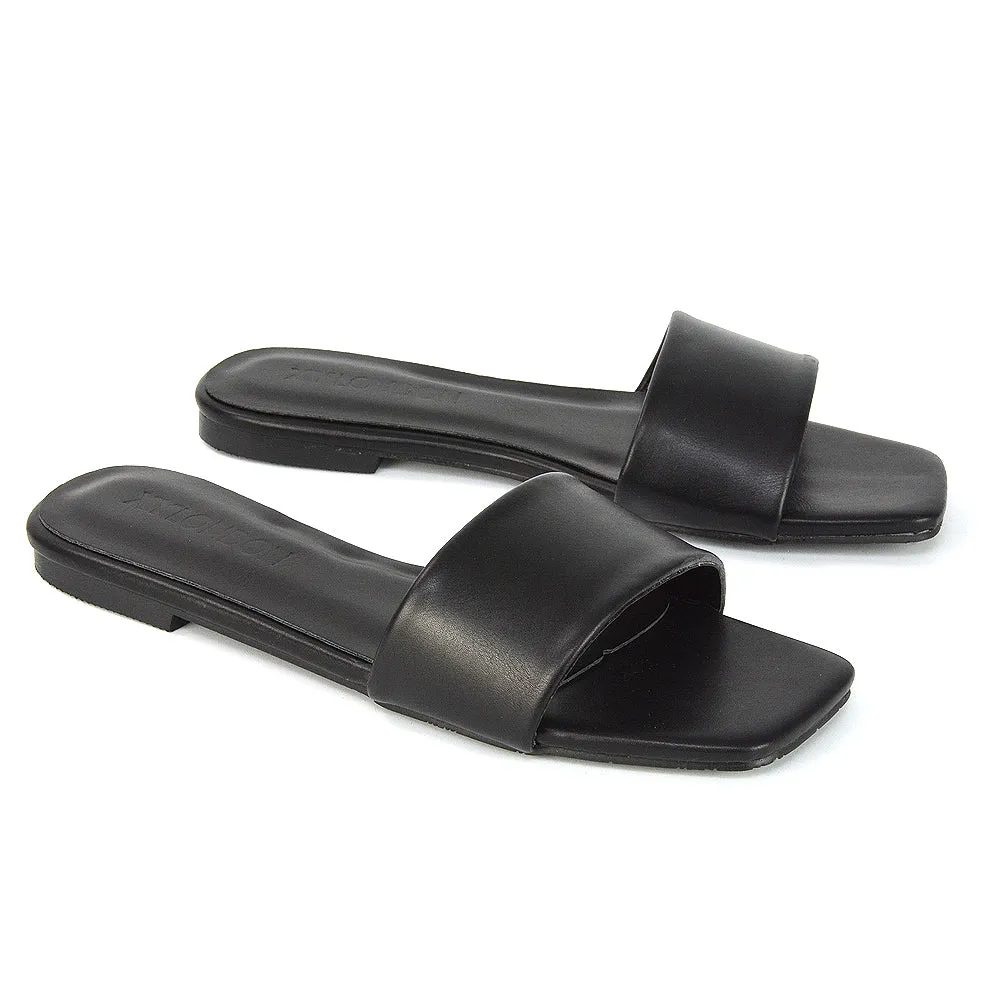 Kenna Flat Mule Strappy Square Toe Sandal Sliders in Black Synthetic Leather