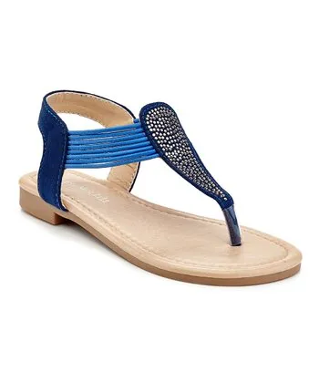 Navy Rhinestone Strappy-Side T-Strap Sandal - Girls