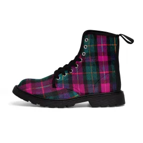 Pink Plaid Print Men's Boots, Hiking Winter Laced Up Combat Hunting Shoes For Men (US Size: 7-10.5)