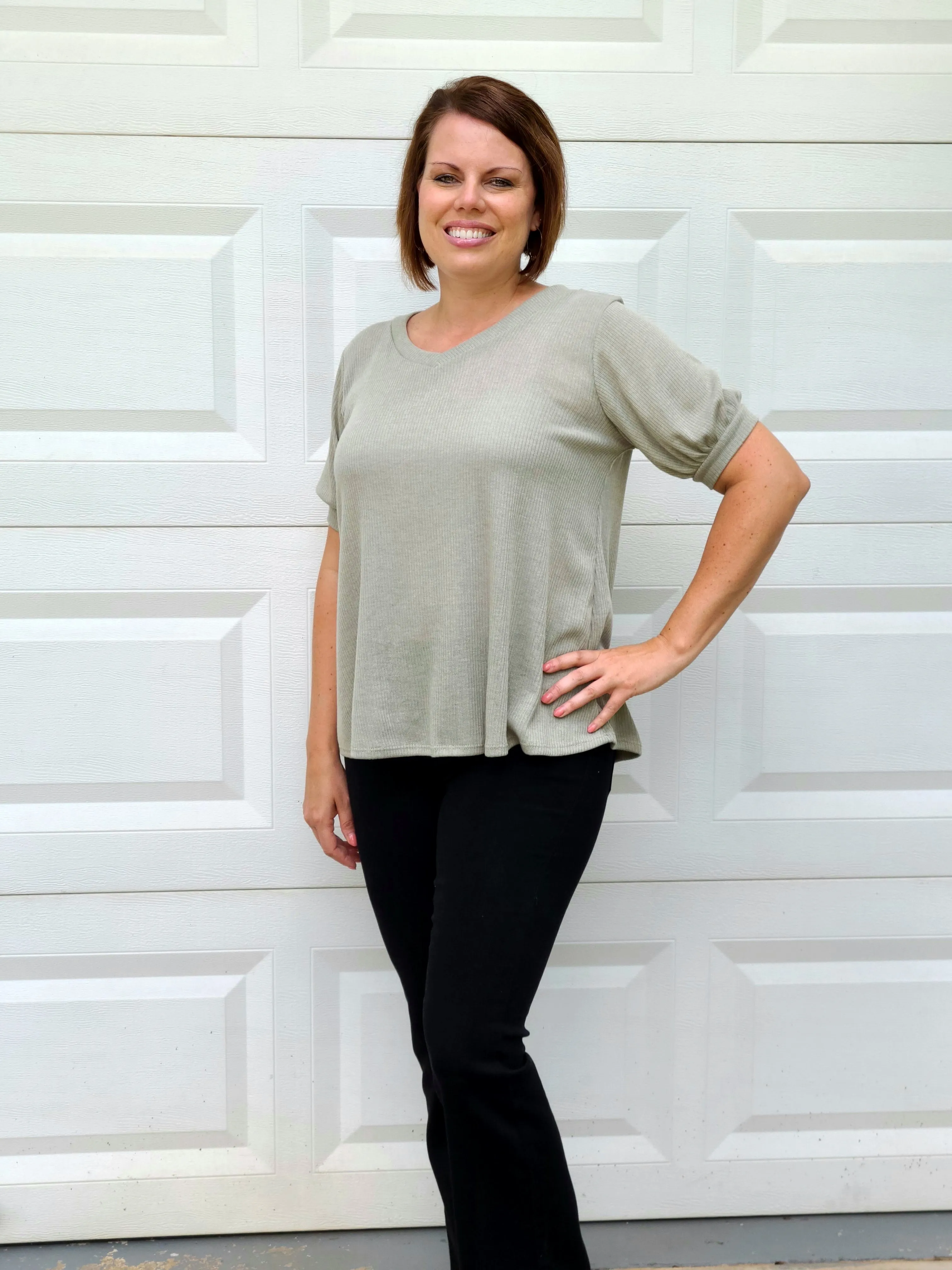 Puff Sleeve Ribbed Top in Green